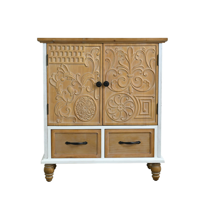 Accent Flower Carved Door Sideboard Cabinet With 2 Drawers For Kitchen - Natural Wood Wash / White Home Essentials