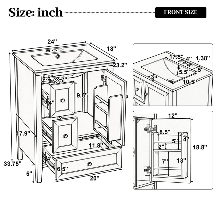 Modern Bathroom Vanity With Sink, Soft Close Drawers & Door, Storage Rack Noble House