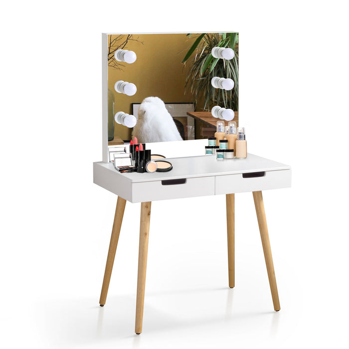 Wooden Vanity Table, Makeup Dressing Desk With LED Light, Dressing Table With USB Port - White