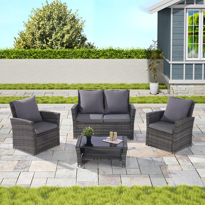 4 Pieces Outdoor Patio Furniture Sets Garden Rattan Chair Wicker Set, Poolside Lawn Chairs With Tempered Glass Coffee Table Porch Furniture - Dark Gray