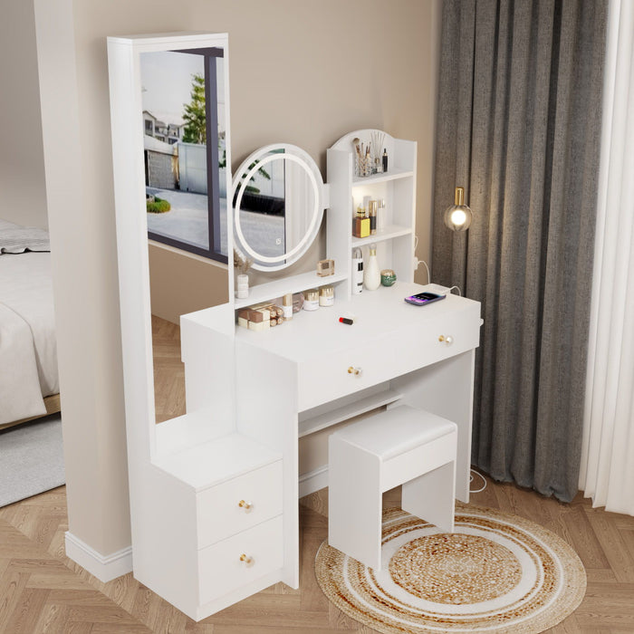 Full Body Mirror Cabinet / Round Mirror LED Vanity Table / Cushioned Stool, With 2 Ac / 2 USB Power Station, 17" Diameter LED Mirror, Touch Control, 3 Color, Brightness Adjustable, Large Desktop