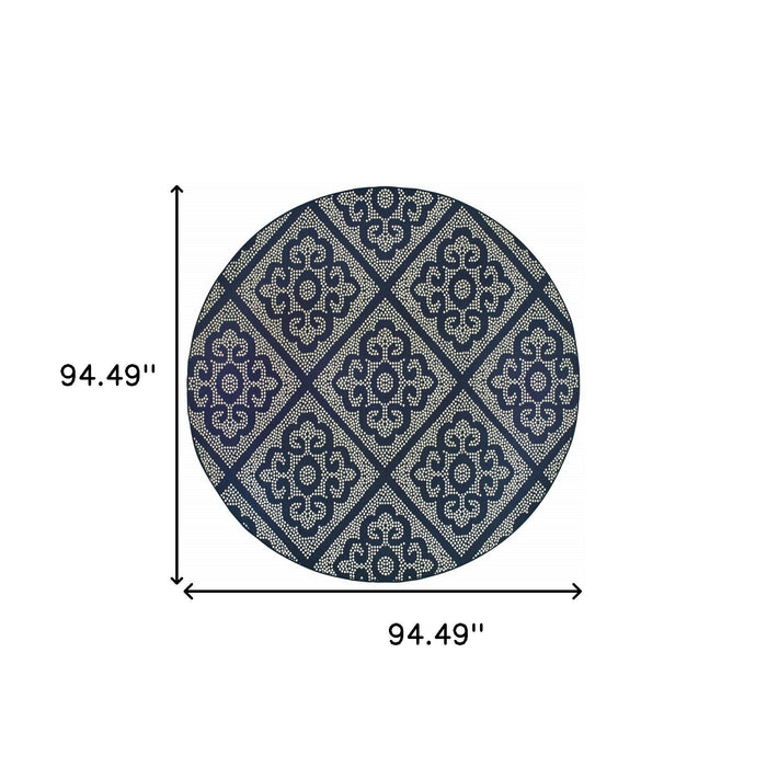 8' X 8' Round Geometric Stain Resistant Area Rug Outdoor / Indoor - Ivory / Blue