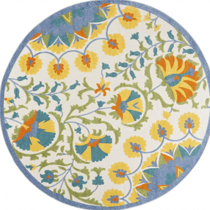 8' X 8' Round Toile Non Skid Indoor / Outdoor Area Rug - Blue Yellow / White