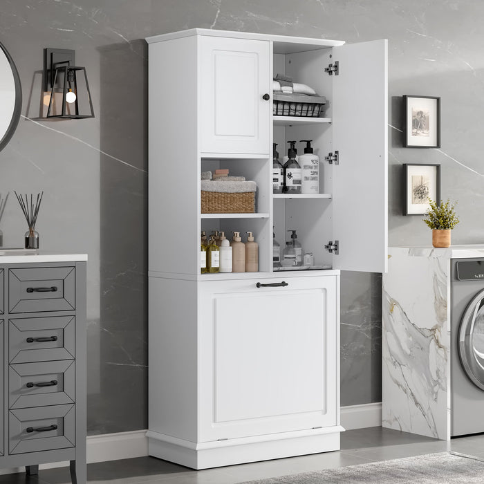 Modern Tall Storage Cabinet With Adjustable Shelves, Flip-Out Basket & Enclosed Doors Hearth and Haven