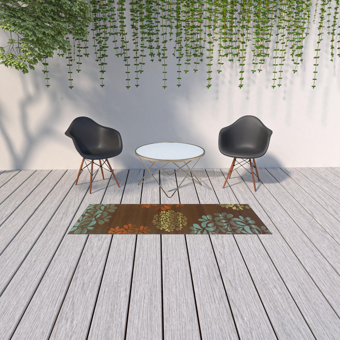 2' X 8' Floral Stain Resistant Indoor / Outdoor Area Rug - Brown