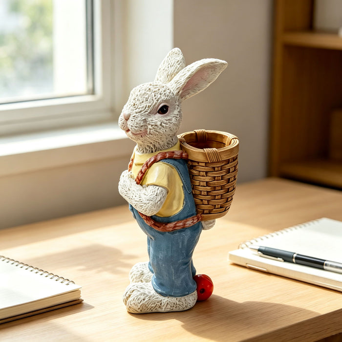 Simulated Couple Rabbit Statue Flower Pot Ornament, Resin Garden Sculpture Decor - Blue / White Home Essentials