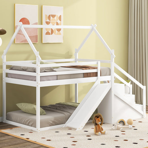Twin Over Twin House Loft Or Bunk Bed With Slide And Staircase Hearth and Haven