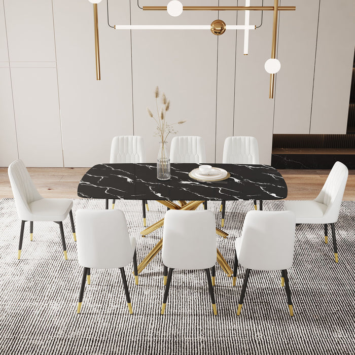 Large Modern Minimalist Rectangular Dining Table With mitation Marble Tabletop And Golden Metal Legs, Paired With Chairs With PU Cushions And Black Metal Legs - Glass / Metal