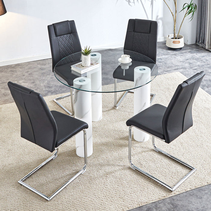 A Modern Minimalist Circular Dining Table Suitable For 6 - 8 People, Paired With 4 Black PU Leather Cushioned Dining Chairs With Silver Metal Legs