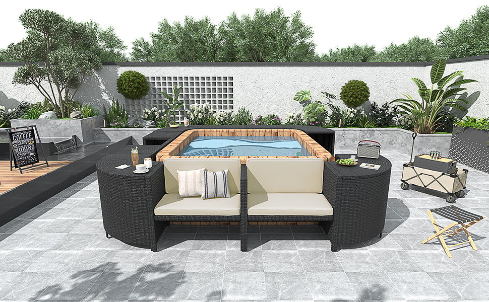 Spa Surround Spa Frame Quadrilateral Outdoor Rattan Sectional Sofa Set With Mini Sofa, Wooden Seats And Storage Spaces, Beige