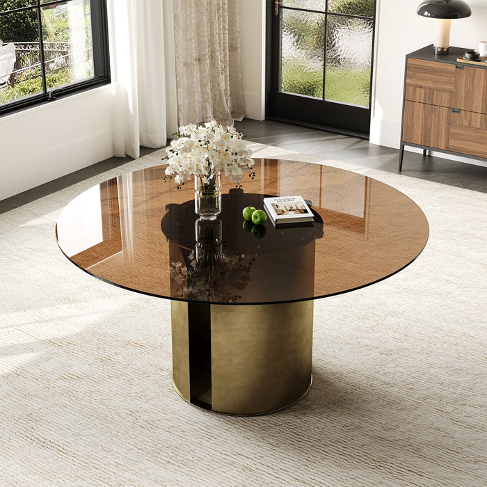 Round Dining Table With Glass Top, Kitchen And Living Room Furniture - Brown Home Essentials