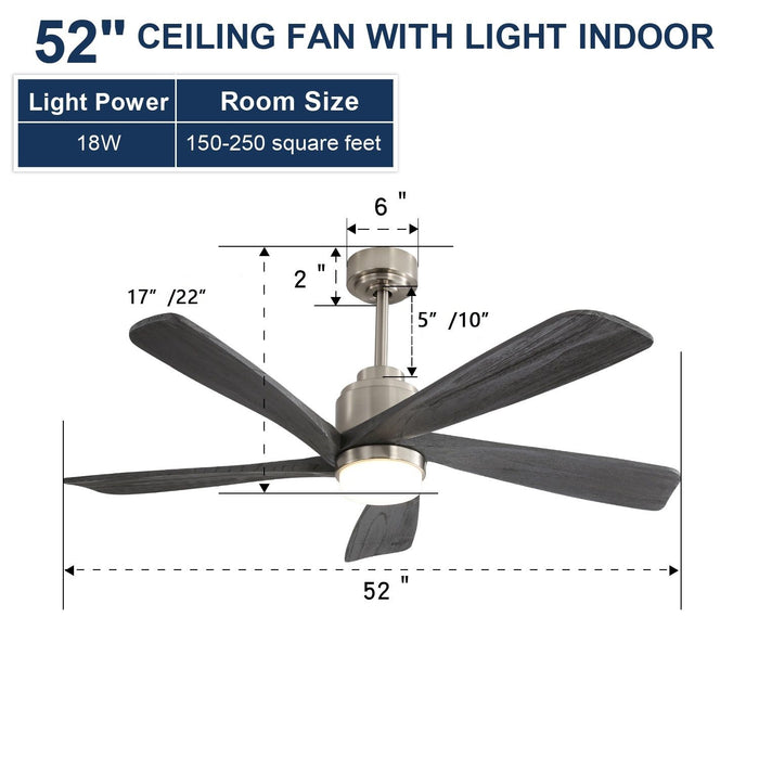 52" Ceiling Fan With Dimmable LED Light, 5 Blades, Reversible DC Motor - Nickel Daily Nest