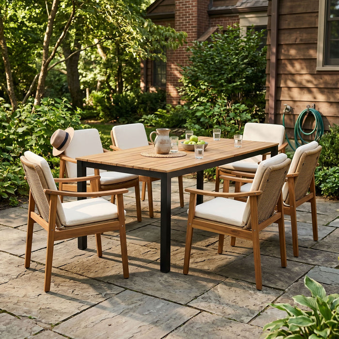 7 Piece Outdoor Patio Dining Set With & 6 Arm Chairs Noble House