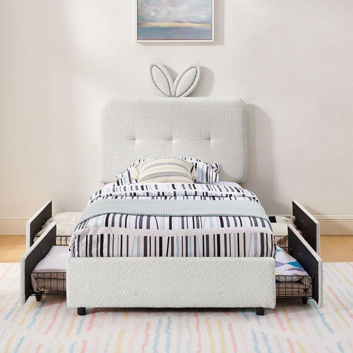 Upholstered Bed With Oversized Rabbit Ear Headboard, LED Lights & 4 Storage Drawers Home Essentials