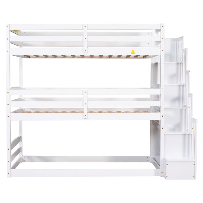 Twin Size Triple Bunk Bed With Storage Staircase, Separate Design - White