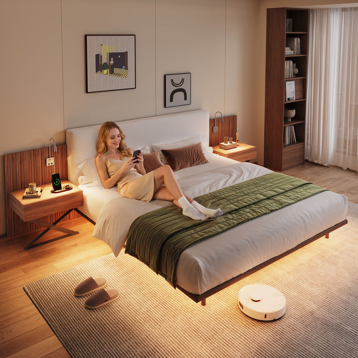 Floating King Size Bed With Integrated Side Tables And Smart Lighting - Beige Gray / White Home Essentials