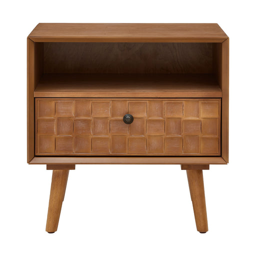 Nightstand With Carved Geometric Drawer Front, 1 Drawer And Open Shelf Home Essentials