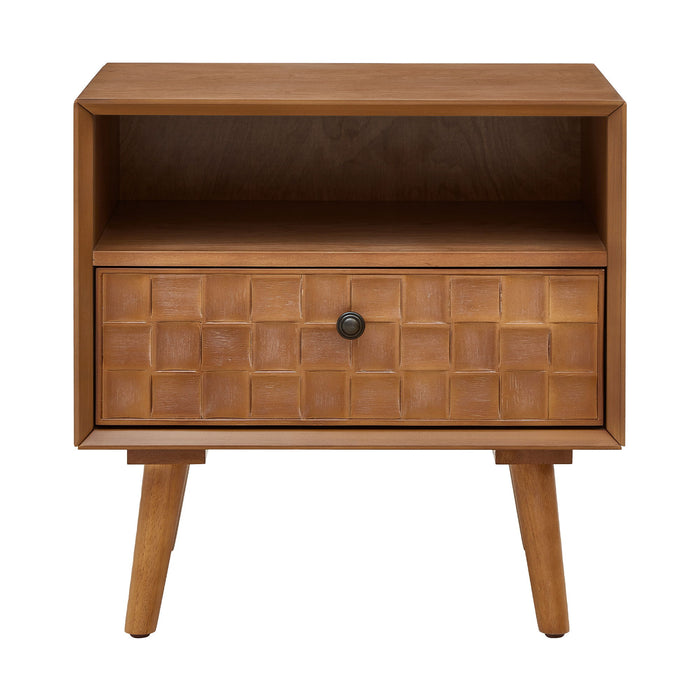 Nightstand With Carved Geometric Drawer Front, 1 Drawer And Open Shelf Home Essentials