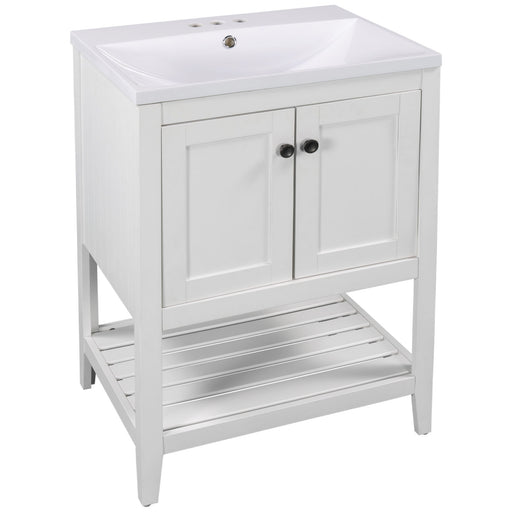 Modern Sleek Bathroom Vanity Elegant Ceramic Sink With Solid Wood Frame Open Style Shelf - White Hearth and Haven