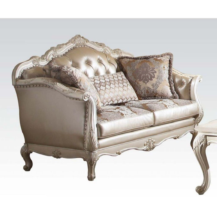 Faux Leather Curved Loveseat And Toss Pillows - Pearl