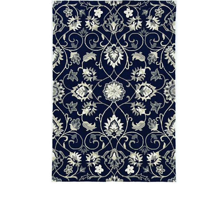 2' X 3' Hand Hooked UV Treated Floral Vines Indoor / Outdoor Accent Rug - Navy Blue