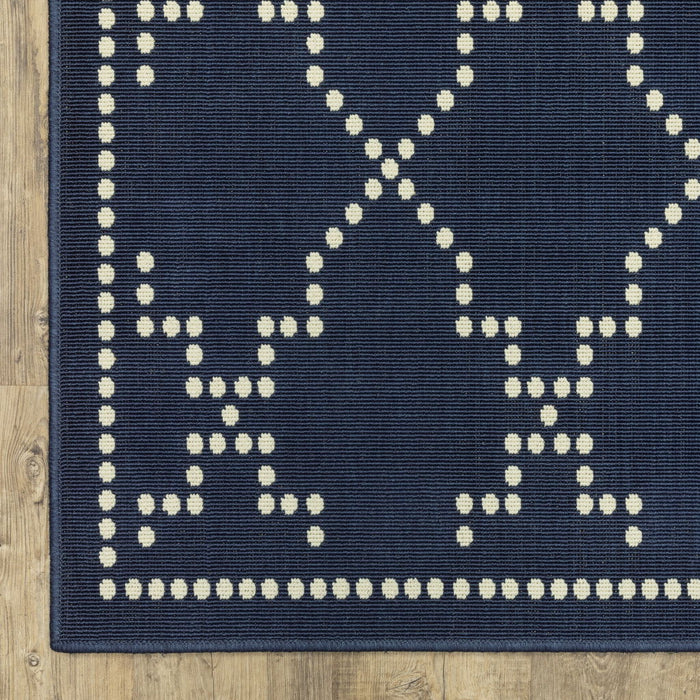 2' X 8' Geometric Stain Resistant Indoor / Outdoor Area Rug - Blue / Ivory