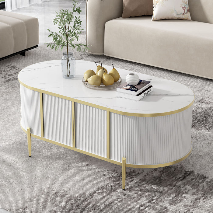 Modern Luxury Oval Shaped Fluted Coffee Table, Marble - Patterned Top Coffee Table With 2 Cabinets, Metal Legs And Handles For Living Room