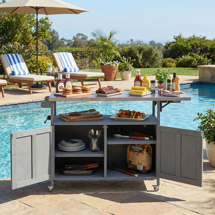 Foldable Outdoor Kitchen Island With Lockable Wheels, Storage Cabinet And Towel Rack For Patio Hearth and Haven