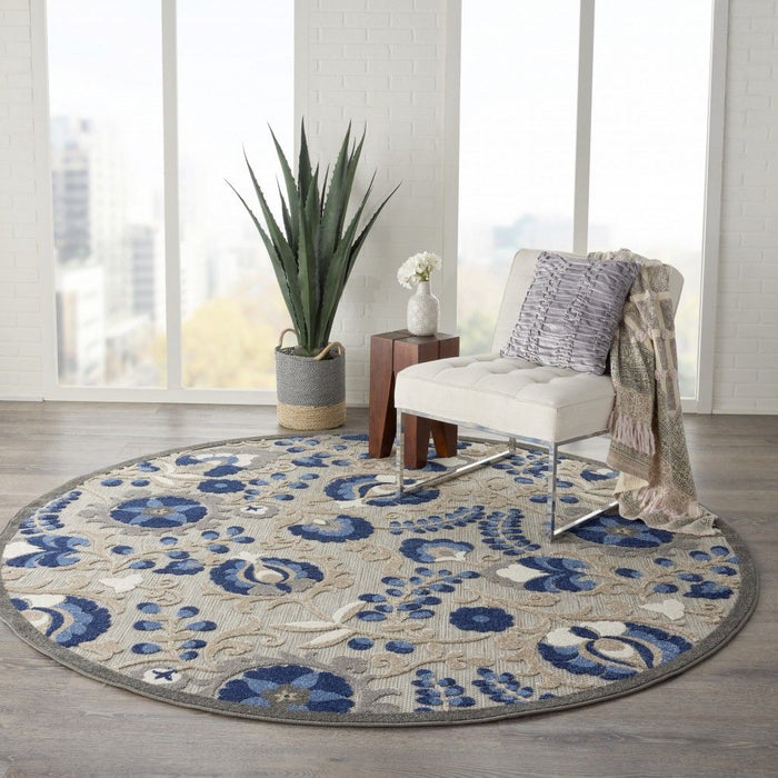 8' Round Round Floral Indoor & Outdoor Area Rug - Gray / Blue