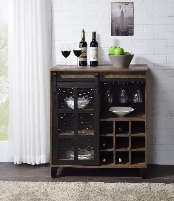 Treju - Wine Cabinet - Obscure Glass, Rustic Oak & Black ACME
