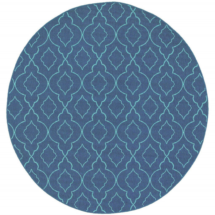 8' X 8' Round Geometric Stain Resistant Outdoor / Indoor Area Rug - Blue