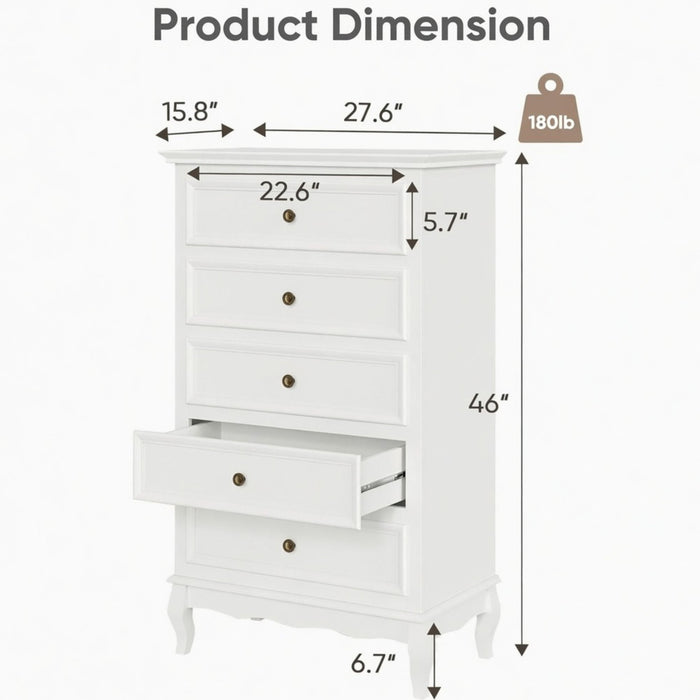 5 Drawer Tall Wide Chest Of Drawers - White Home Essentials