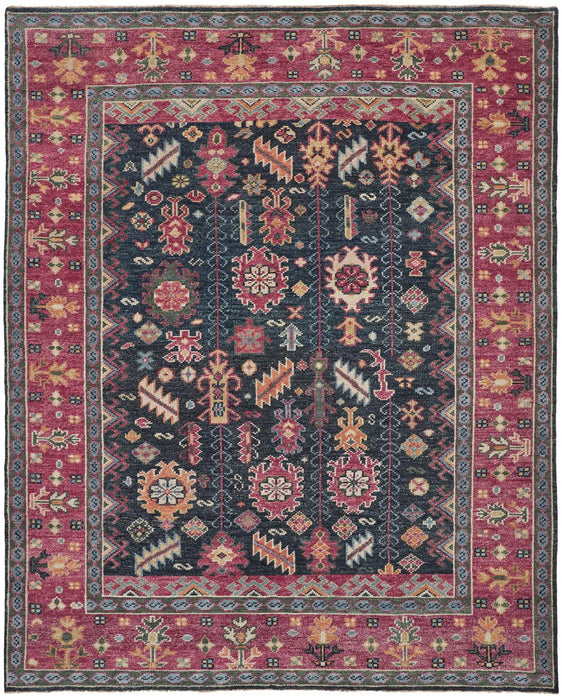 Floral Hand Knotted Distressed Stain Resistant Area Rug With Fringe - Pink Blue And Orange Wool - 4' X 6'