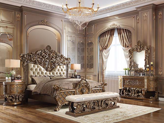 Constantine - Eastern King Bed - Synthetic Leather , Light Gold, Brown & Gold ACME