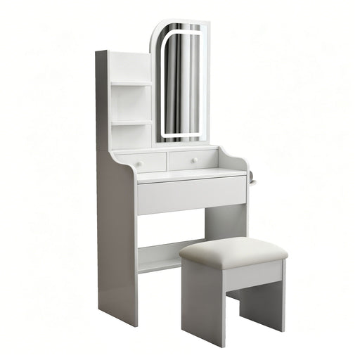 Fashion Vanity Desk With Mirror And Lights For Makeup, Hair Dryer Holder And Chair, Adjustable Lighting - White Home Essentials