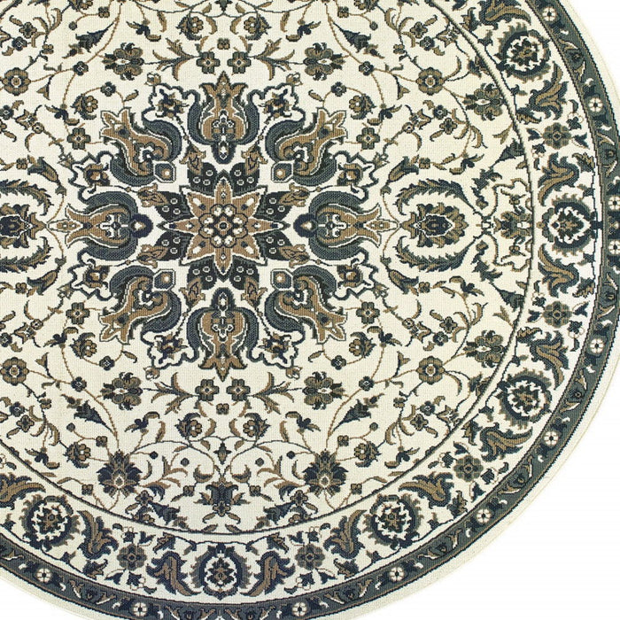 8' X 8' Round Oriental Stain Resistant Indoor / Outdoor Area Rug - Ivory / Blue