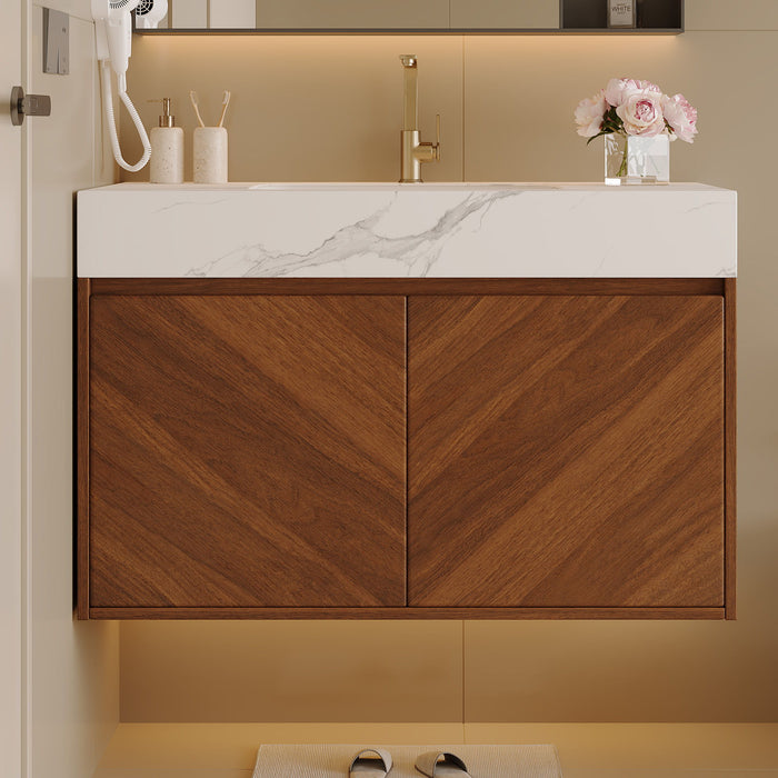 Wall Mounted Bathroom Vanity With Sink, Soft Close - Walnut / White Home Essentials