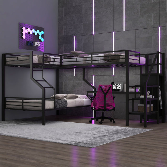 Twin Over Full L Shaped Bunk & Loft Bed With Built-In Wardrobe, Desk, And USB Ports - Black Dreamland