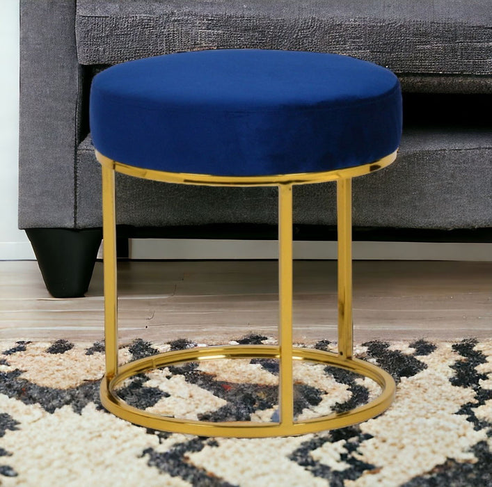 Velvet Round Footstool Ottoman - Blue / Gold