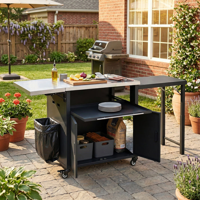 Foldable Outdoor Prep Station BBQ Cart With Trash Rack Hearth and Haven