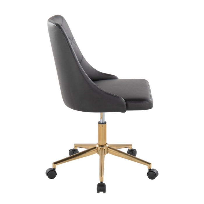 Marche Contemporary Swivel Task Chair With Casters In Gold Metal And Black Faux Leather By Lumisource