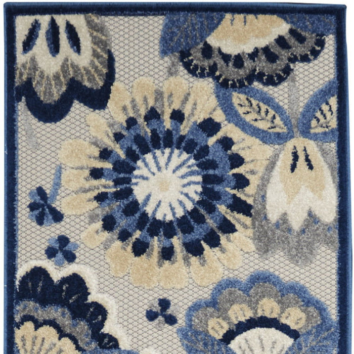 2' X 10' Floral Non Skid Outdoor / Indoor Runner Rug - Blue / Gray