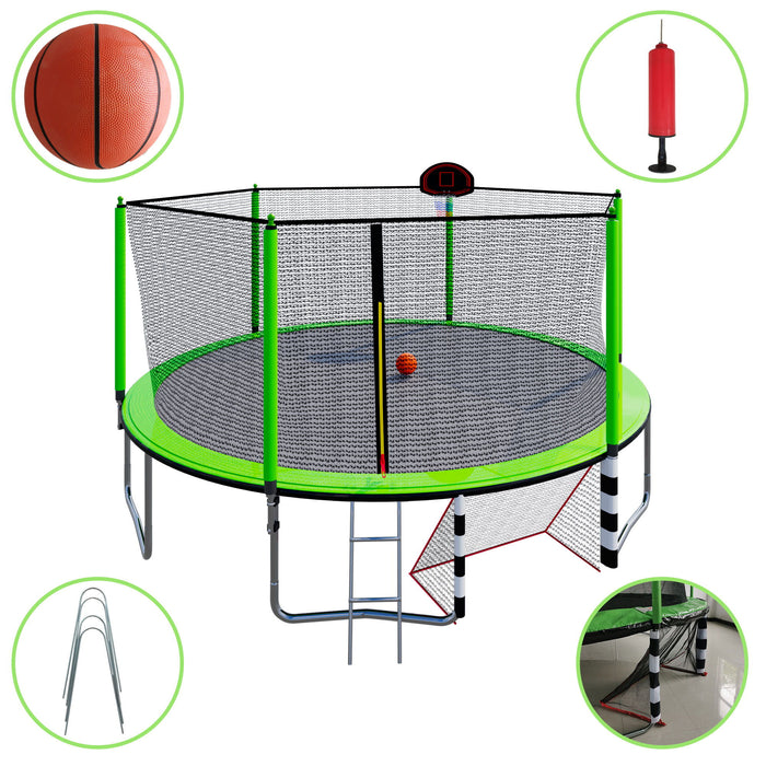 16 Ft Trampoline With Basketball Hoop Pump And Ladder (Inner Safety Enclosure) With So CCer Goal Green