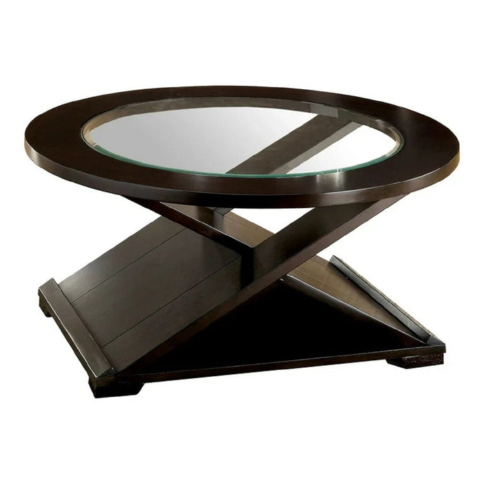 Coffee Table With Cross Design Base, Beveled Glass Top - Espresso Home Essentials