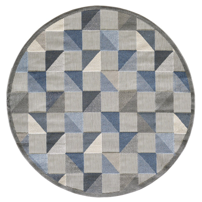 8' Round Round Geometric Stain Resistant Indoor / Outdoor Area Rug - Blue / Gray