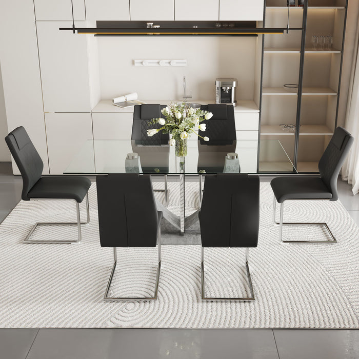 1 Table And 6 Chairs Set, Large Rectangular Table, Equipped Table Top And MDF Table Legs, Paired With 6 Chairs With Faux Leather Padded Seats And Metal Legs - MDF / Glass