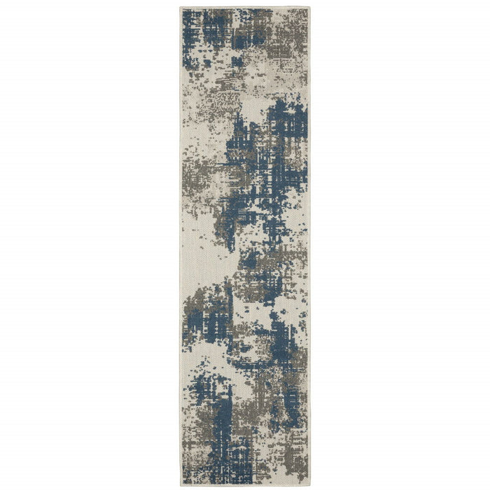 2' X 7' Abstract Stain Resistant Indoor / Outdoor Area Rug - Blue / Beige