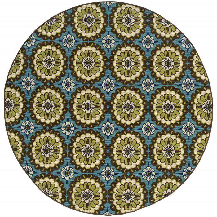 8' X 8' Round Floral Stain Resistant Indoor / Outdoor Area Rug - Blue / Green