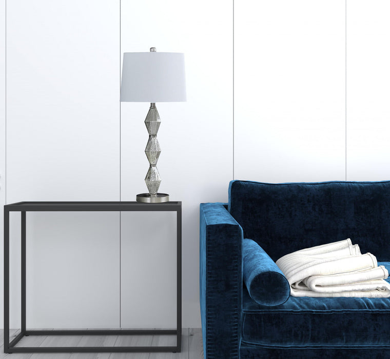 Geo Glass Table Lamp With White Shade - Brushed Silver