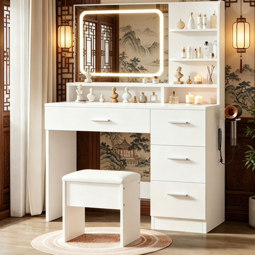 Vanity With LED Mirror And Storage Drawers For Bedrooms - Cream White Home Essentials